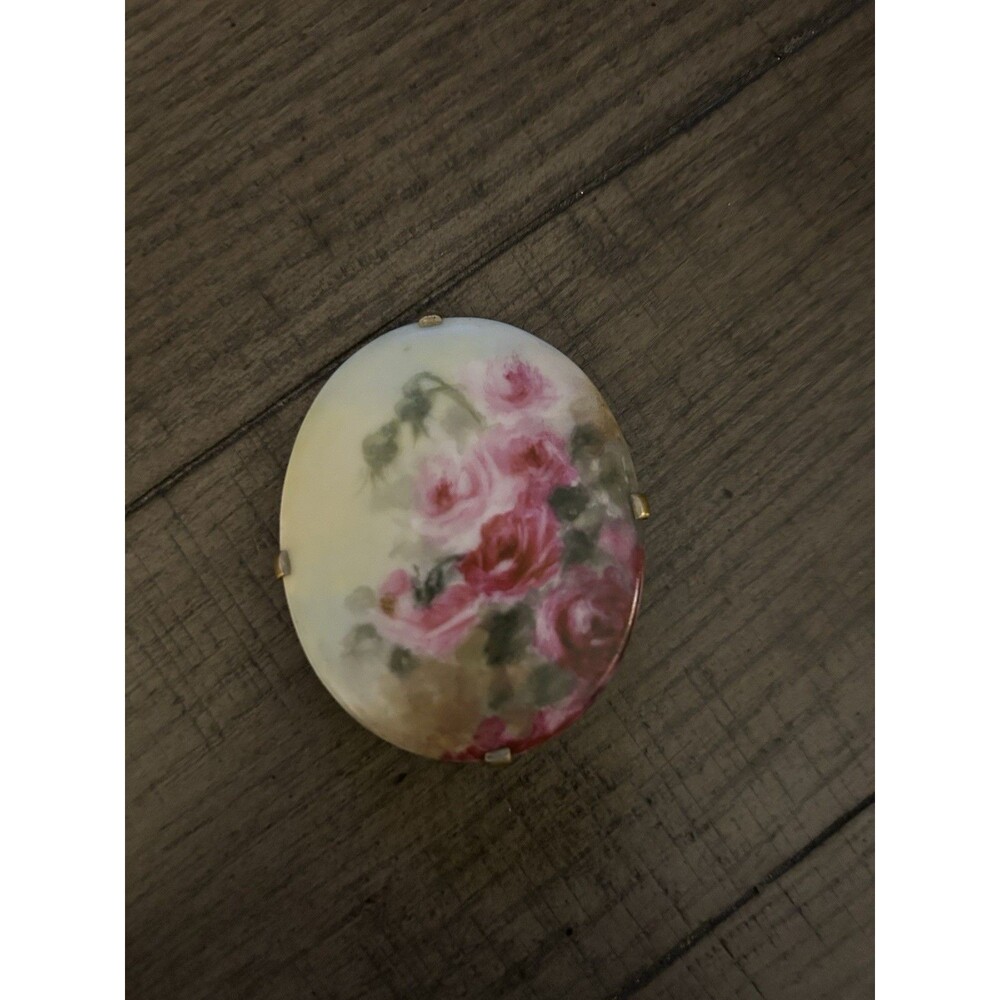 Large Signed Vintage Hand Painted Porcelain Rose Brooch Gold Tone Metal